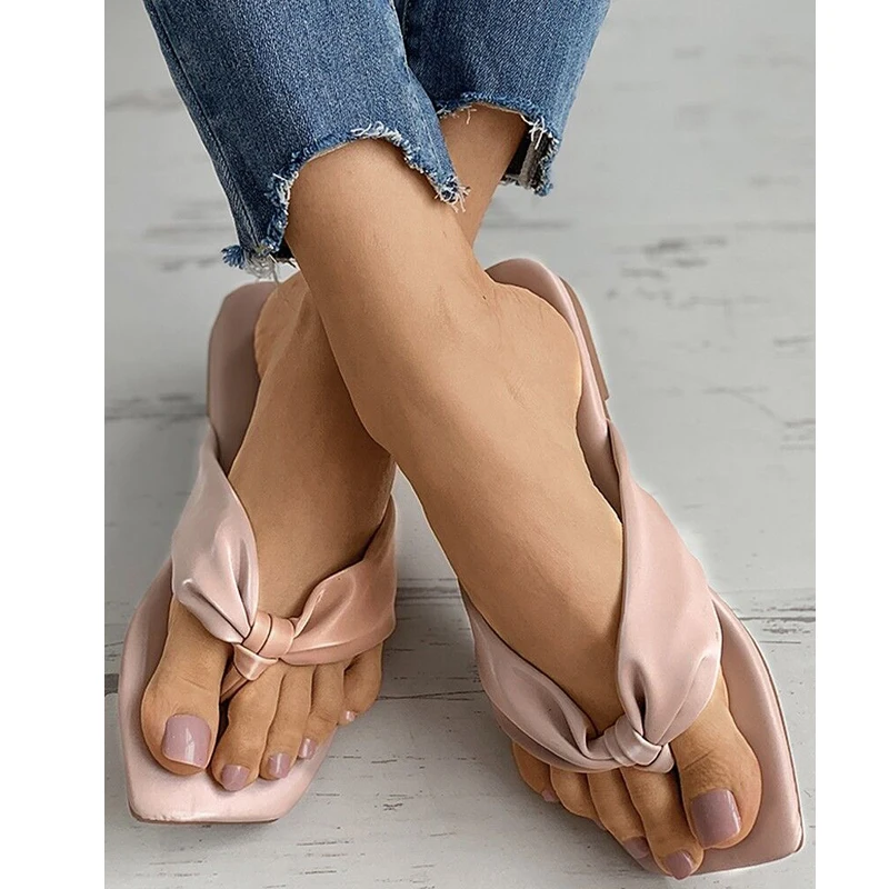 

2021 Summer New Sandals Flat Square Toe Slippers Fashion Open Toe Solid Color Outdoor Women's Shoes Plus Size 40