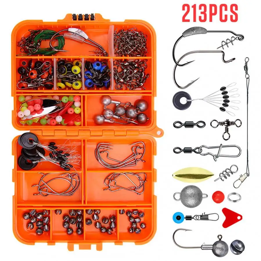 

213PCS Texas Fishing Kit Including Crank Hook Fishing Beads Sinker Weights Snaps Rolling Swivel Connector Bass Perch Sea Rock