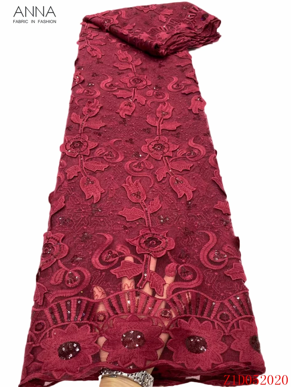 

Anna red french sequins net lace african tulle mesh fabric 2021 latest nigerian applique 3d cord laces embroidery design 5 yards