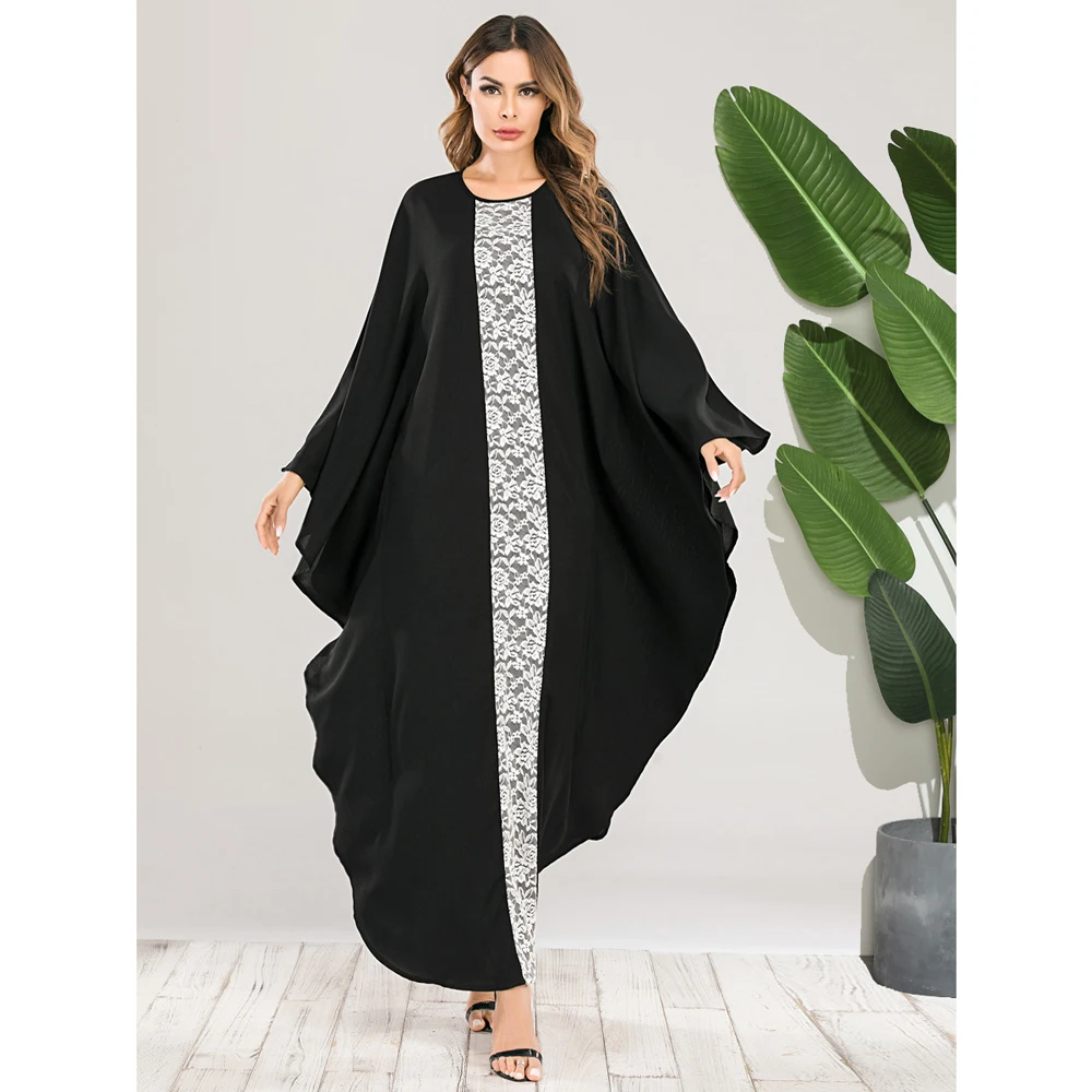 

Dubai Kaftan Muslim Abaya Lace Patchwork Long Dress Bat Sleeve Maxi Robe Islamic Ramadan Arab O-neck Middle East Fashion