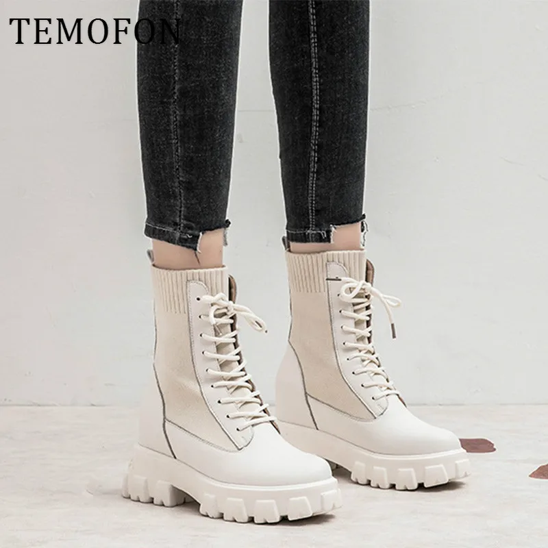 Женские ботинки из натуральной кожи на платформе и высоком каблуке зимние