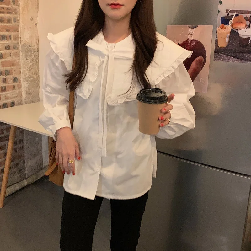 

Turn Down Collar Long Sleeve Blouse Women Lace Up Bow Design Loose Blusas Work Style Ol Shirt Feminino Spring 2021 New
