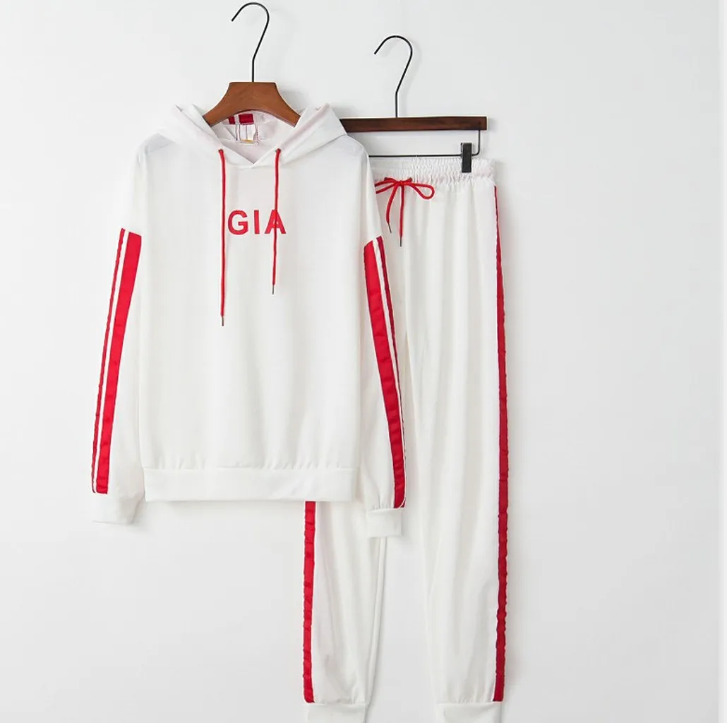 autumn two piece set Women Casual Colorblock Striped Hooded Long Sleeve Crop Tops+long Pants Running Workout Fitness Sports Suit - Цвет: Белый