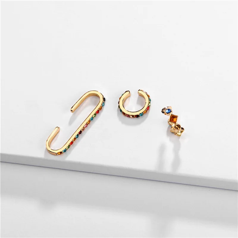 F.I.N.S Colorful Crystal Ear Clip without Puncture Cuff Earrings Set Three pcs Rainbow Ear Cuffs Stacked Earings Fashion Jewelry