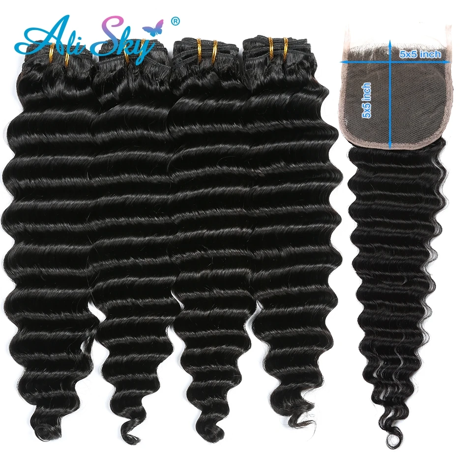 Alisky Peruvian Hair Deep Wave Human Bundles With Closure 5x5 Frontal with Extensions Remy Weave | Шиньоны и парики
