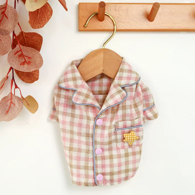 

Cartoon Plaid Dog Clothes Fat Star Pink Casual Pocket Turn-down Collar Shirt Pet Pajamas for Dogs Small Teddy Clothing Girl Ropa