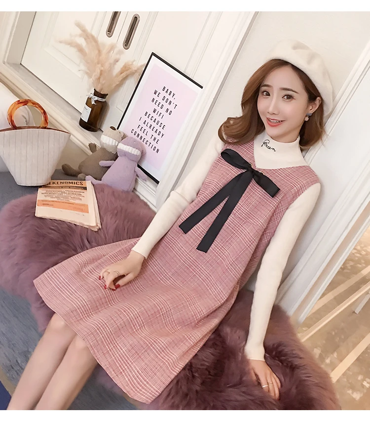 6596# 2PCS/Set Autumn Korean Fashion Maternity Dress Sweet Lovely Straight Loose Clothes for Pregnant Women Fall Pregnancy