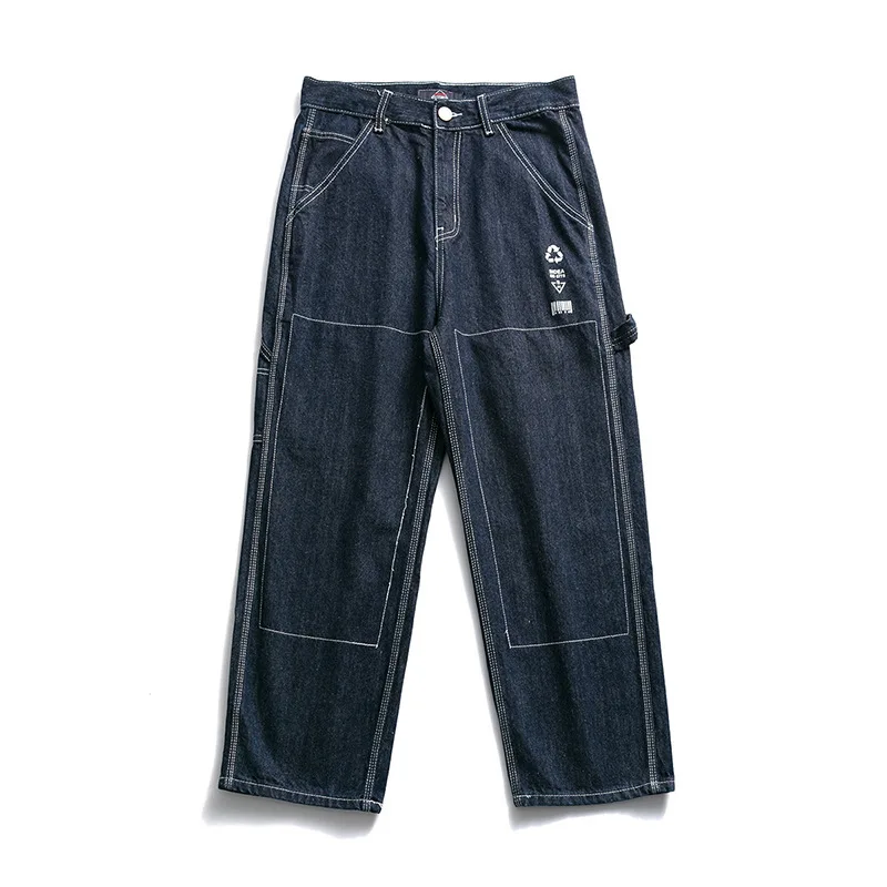 

High street trendy loose Street contrast stitching Multi Pocket straight jeans pants