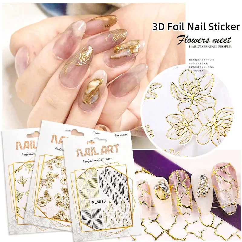 

3D наклейки для дизайна ногтей, 1 шт., с клеем, золотые тиснения, цветок, украшение для маникюра, японские подвески, краткий стиль