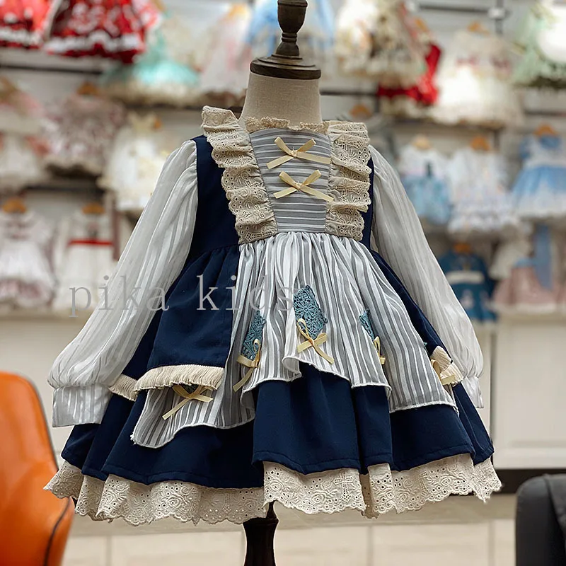 2020new Spanish Court Spring Summer Child Skirt Heavy Work Blue Lattice Girl Dress Birthday Princess Flower Dresses | Детская одежда и