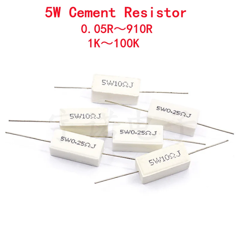 10pcs 5W 5% Cement Resistor Power Resistance 0.1 ~ 10K 0.1R 0.5R 1R 10R 100R 0.22 0.33 0.5 1 2 5 8 10 15 20 25 30 100 1K 10K ohm