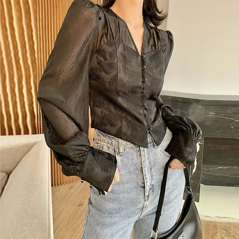 

XITAO Perspective Lantern Sleeve Shirt 2021 Summer New Style Casual Temperament V-neck Long Sleeve Solid Color Shirt WMD1062