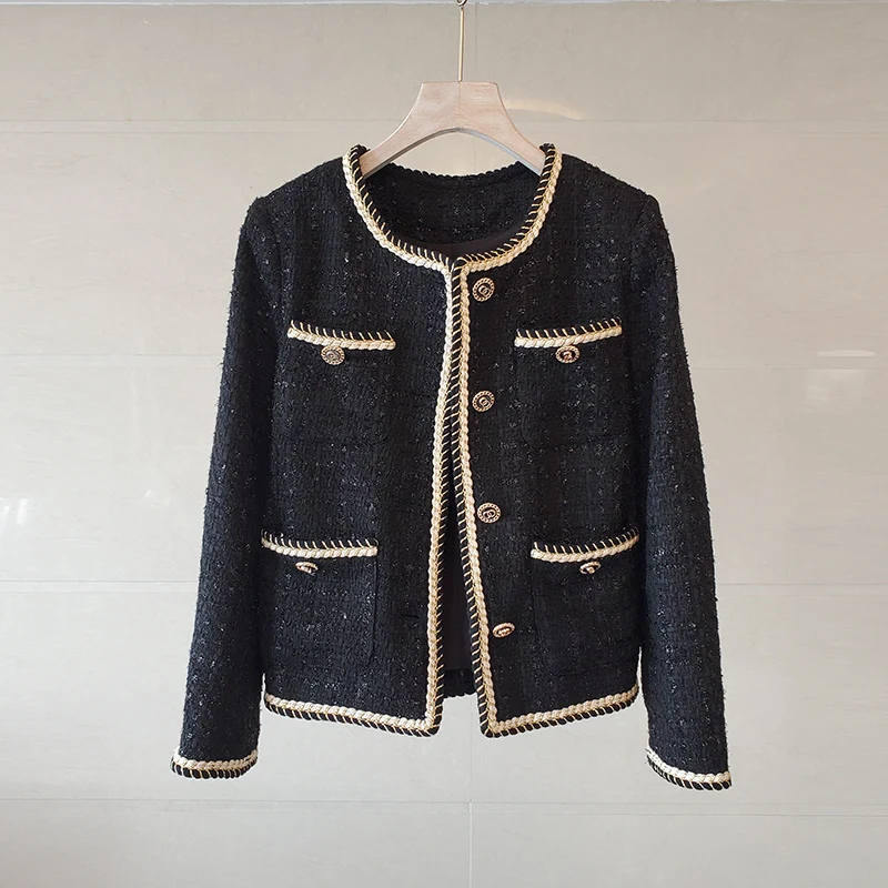 

Plaid Tweed Jackets Women O-Neck Long Sleeve Vintage Harajuku Coats Luxury French Autumn Winter Woolen Outwear Buttons C907