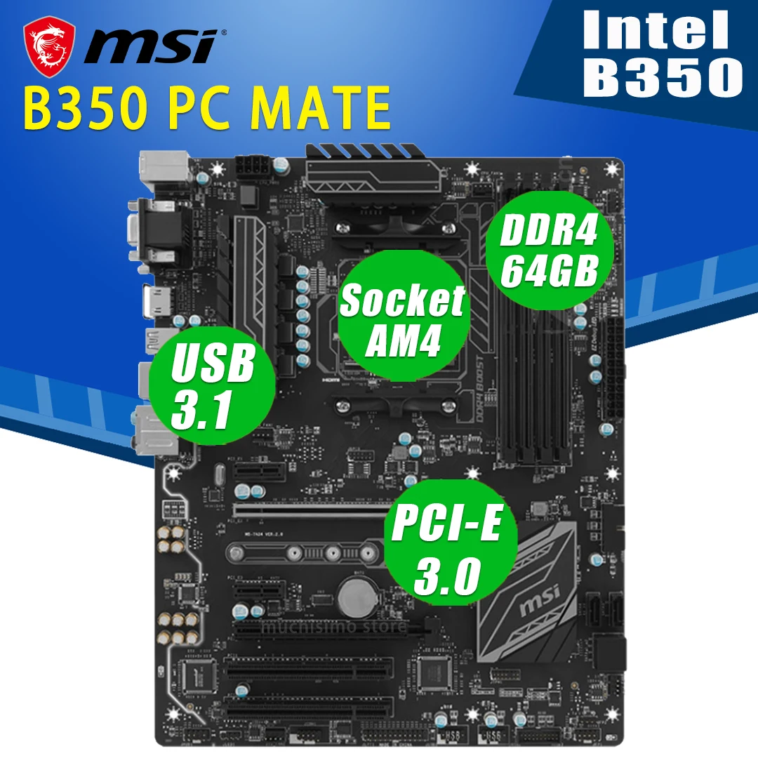 

Socket AM4 MSI B350 PC MATE Motherboard DDR4 1866MHz PCI-E 3.0 M.2 SSD VGA DVI CrossFire AMD B350 Gaming Placa-mãe AM4 ATX Used