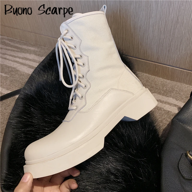 

Patchwork Lace Up Platform Boots Genuine Leather Army BootS Thick Bottom Ladies Casual Ankle Boots Brand Designer Female Shoes