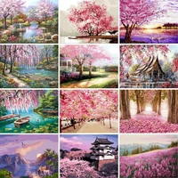 gatyztory sakura road scenery diy oil painting by numbers kits abstract paint by numbers picture on canvas for wall art picture