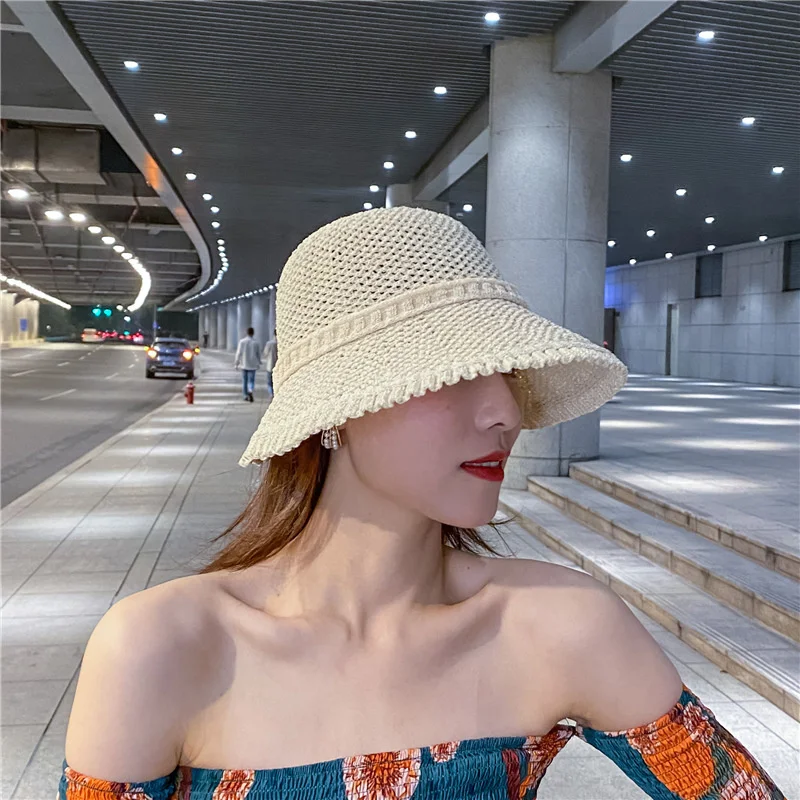 

Lady Summer Handmade Knitted Bucket Cap Sun Hat Hollow Out Foldable Fisherman Cap Crochet Outdoor Sun Protection Ccap Gorros