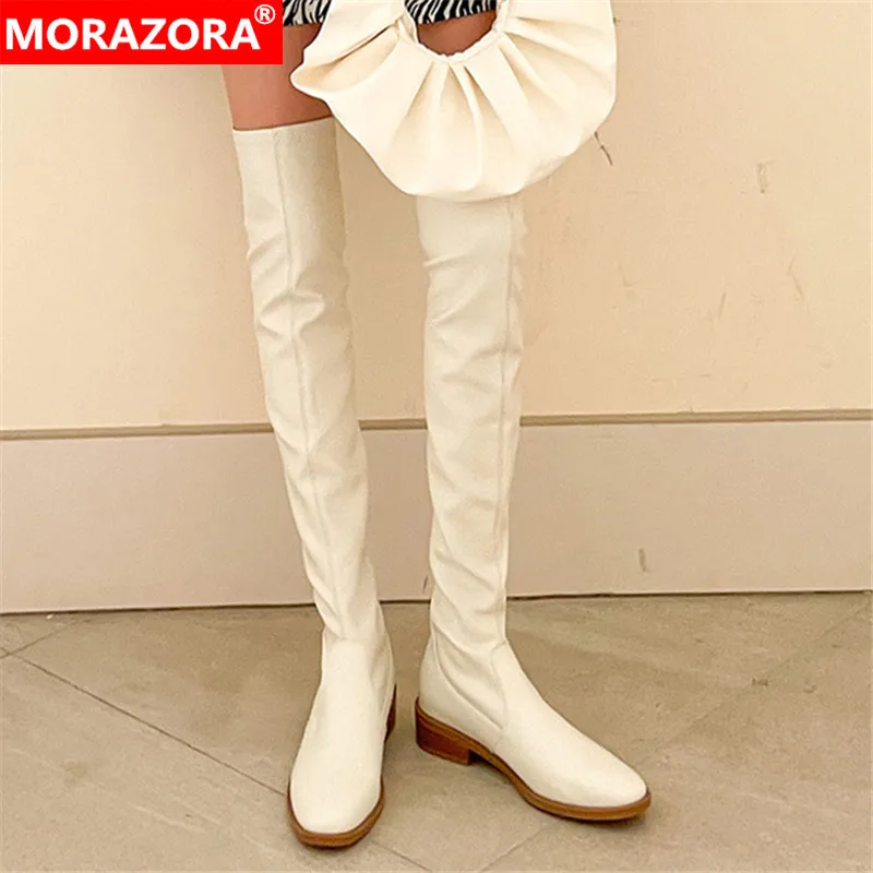 

MORAZORA 2022 New Arrive Over The Knee Thigh High Boots Women Shoes Solid Colors Slim Stretch Genuine Leather Long Boots Woman