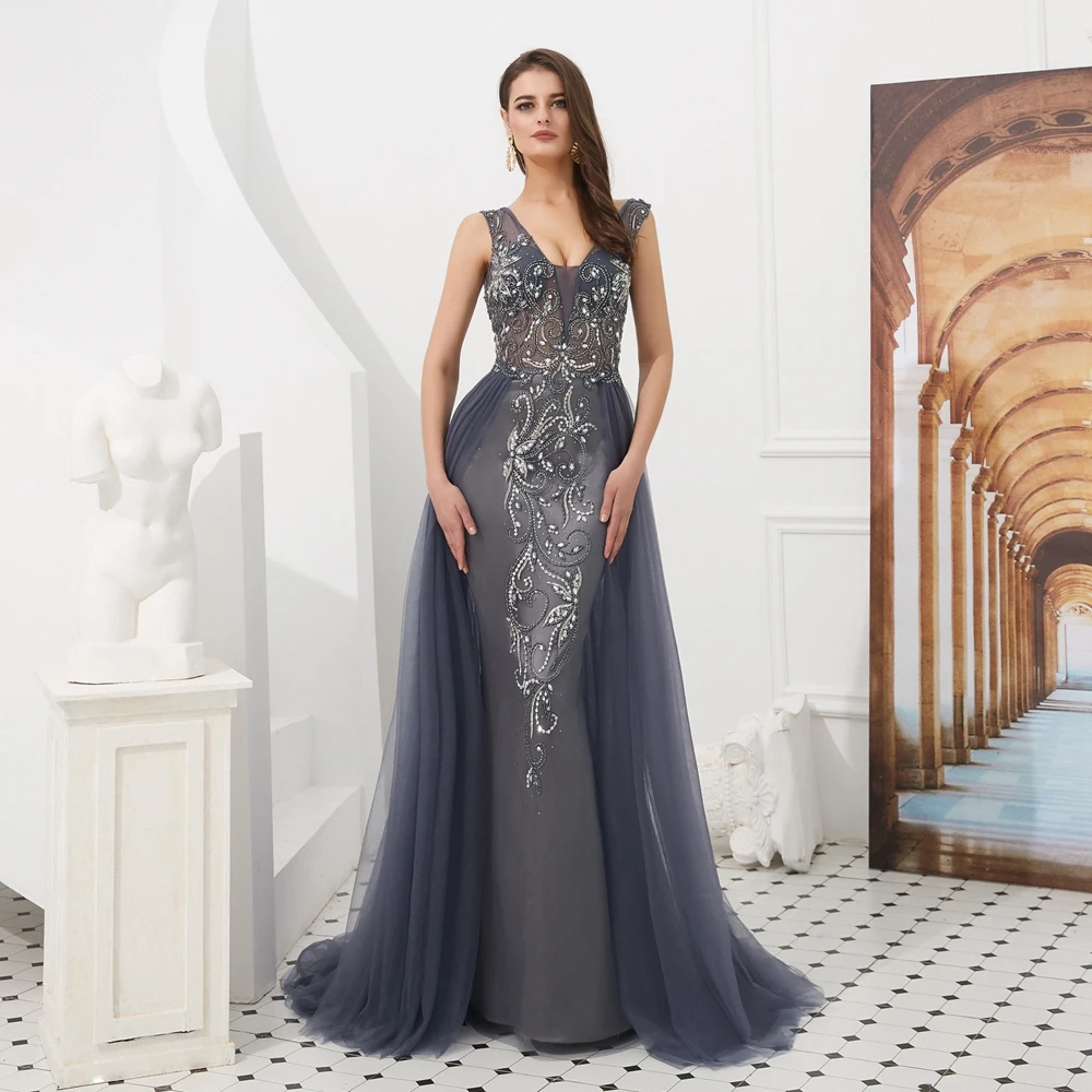 

Luxury Mermaid Prom Dresses 2020 Wholesale Wine Red/Gray Sweep Train Sleeveless Beading Crystal Long vestido Prom Gown Evening