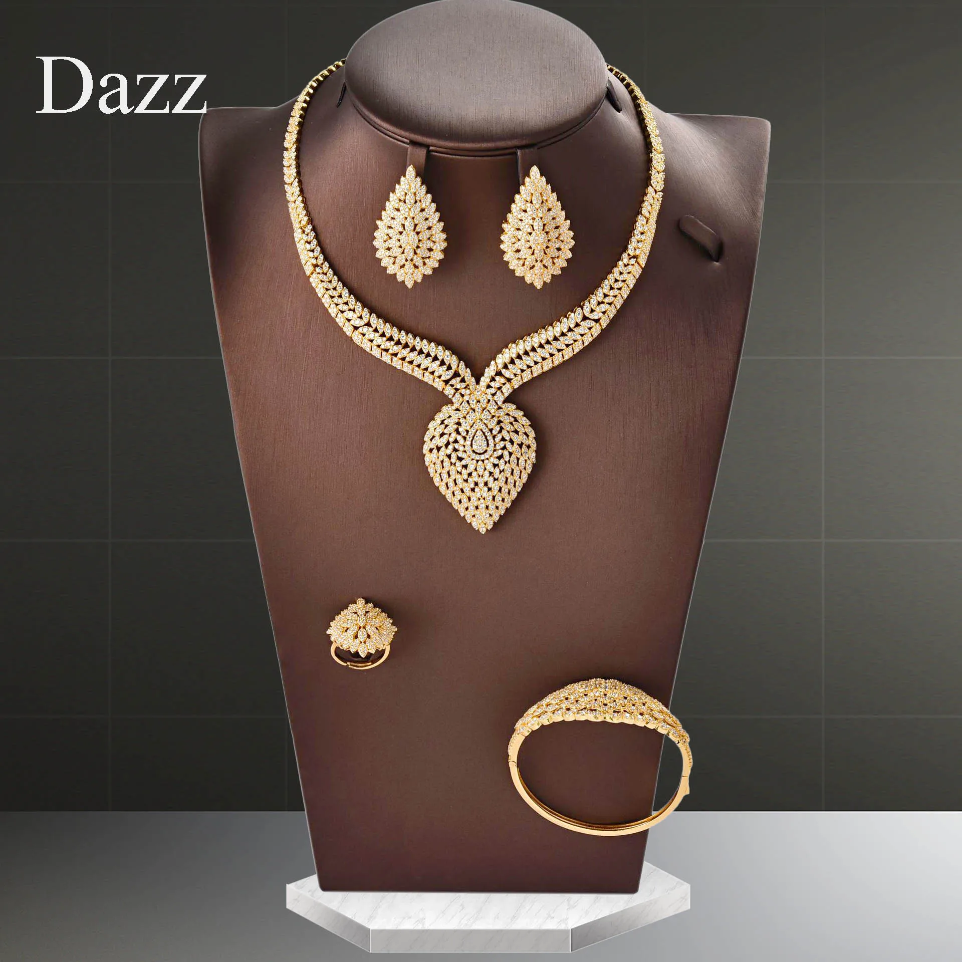 

Бренд Dazz, супер роскошное золотое ожерелье с кубическим цирконием, серьги, женское свадебное ожерелье Naija для невесты, дубайское платье, юве...