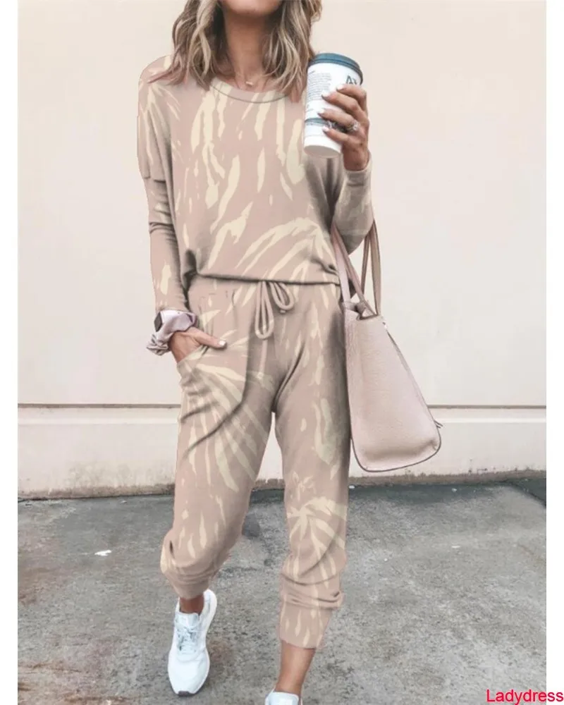 

2020 new Tie Dye Print Two Piece Sets Women Autumn Winter O Neck Long Sleeve Loose Tops+Drawstring Pocket Long Pants Femme Track