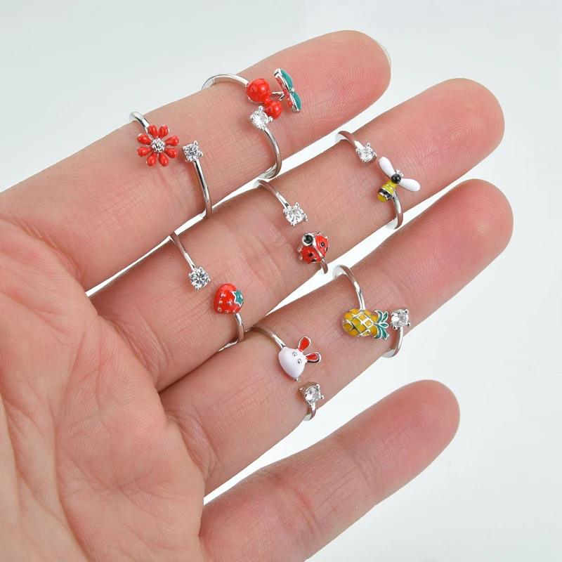 Симпатичные Регулируемые кольца с кристаллами красный цветок флейта клубника