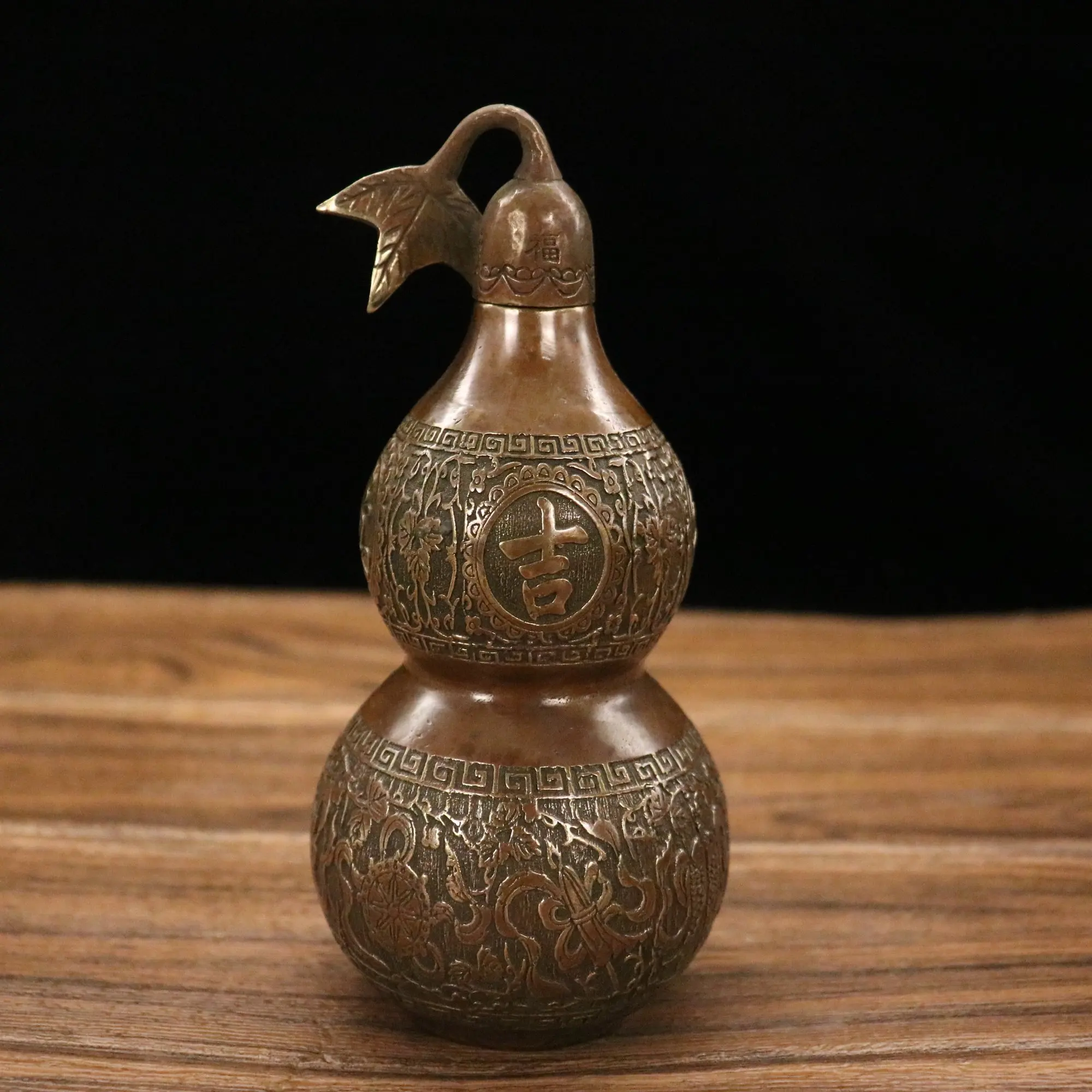 

6"Chinese Folk Collection Old Bronze Good luck Treasure gourd Gather wealth Office Ornaments Town House Exorcism