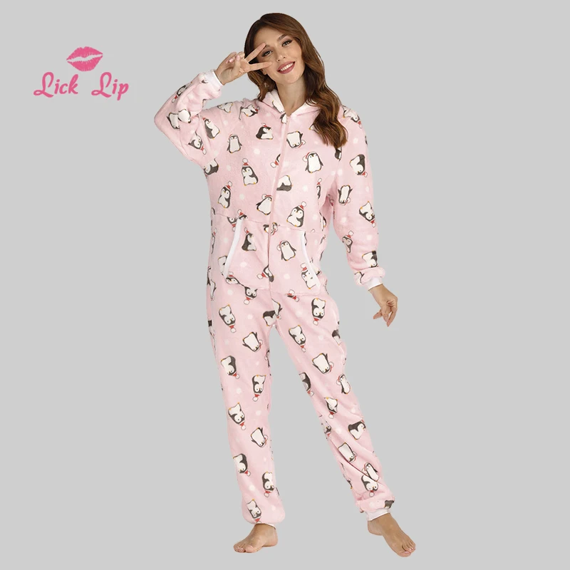 Lick губ Осень и зима фланелевая цельная Пижама с капюшоном рождественский пингвин