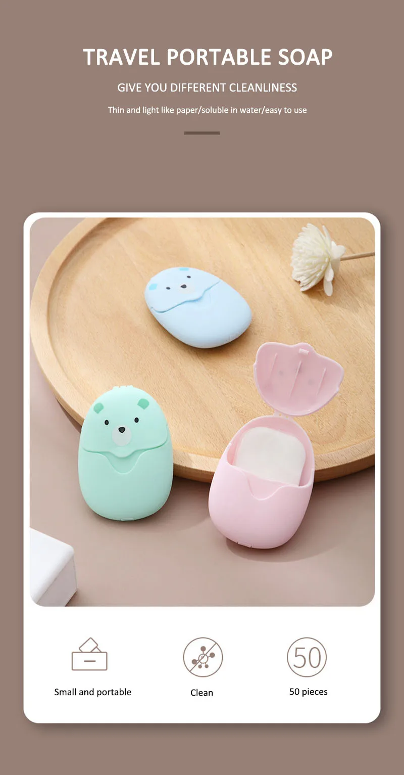 

Portable Hand Washing Box Scented Slice Sheets Mini Soap Paper High Quality 50pcs Disposable Boxed Paper Soap Travel Camping