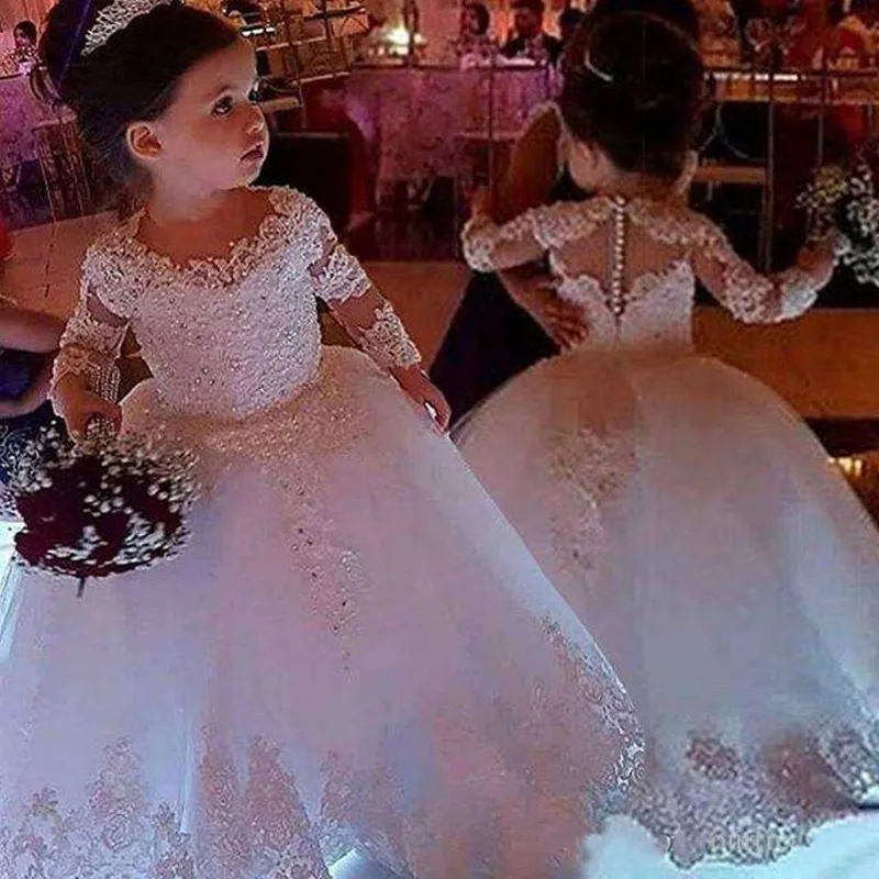 

Cute Jewel Neck Flower Girls Dresses Long Sleeve Back Cover Button Puffy Tulle Lace Communion Dresses Girls Birthday Gowns