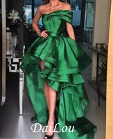 green high low prom dresses sexy pleated tiered ruffles arabic robe de mariage strapless satin formal party dress 2022