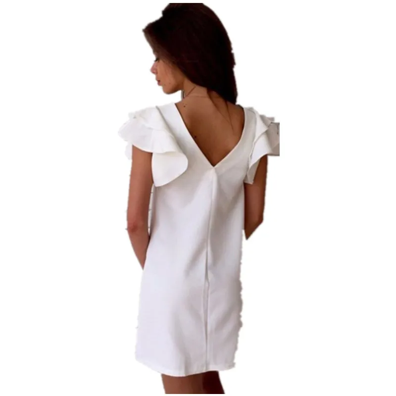 Летнее женское платье с коротким рукавом рюшами и открытой спиной средней длины