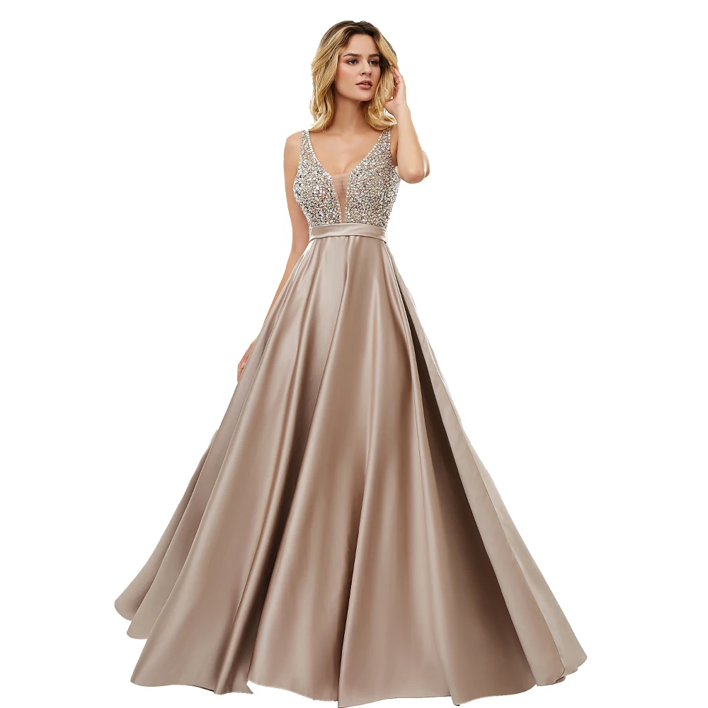 BEPEITHY Long Evening Dress V-neck Beading Bodice Sexy Prom Gowns With Backless 2021 Fast Shipping