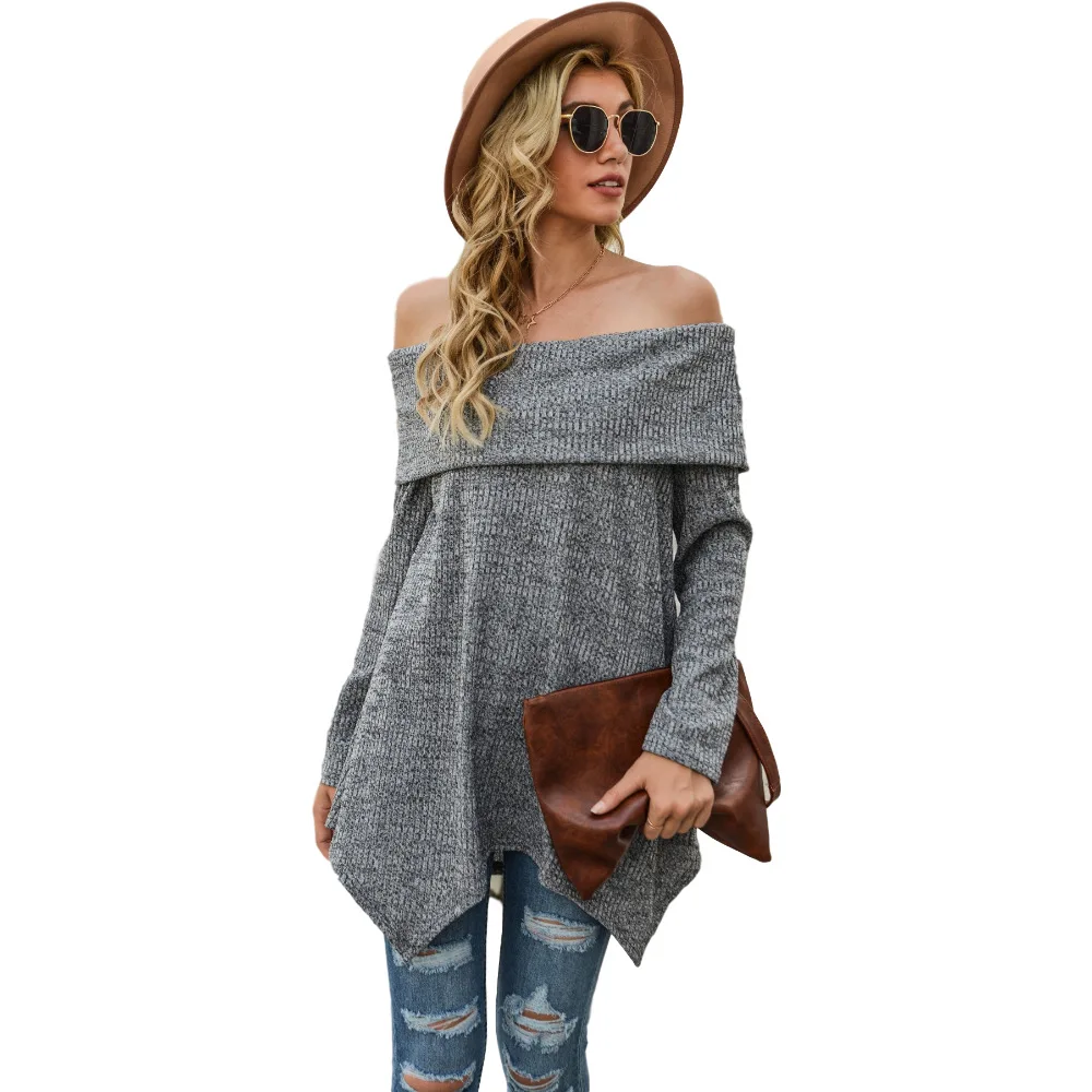 

Women's Sweater Winter Long Sweater Collar Shoulder Irregular Hem Sweate Oversized Sweater