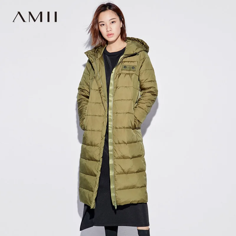 Amii Женское зимнее пальто на 90% утином пуху с капюшоном пуговицах женская модная