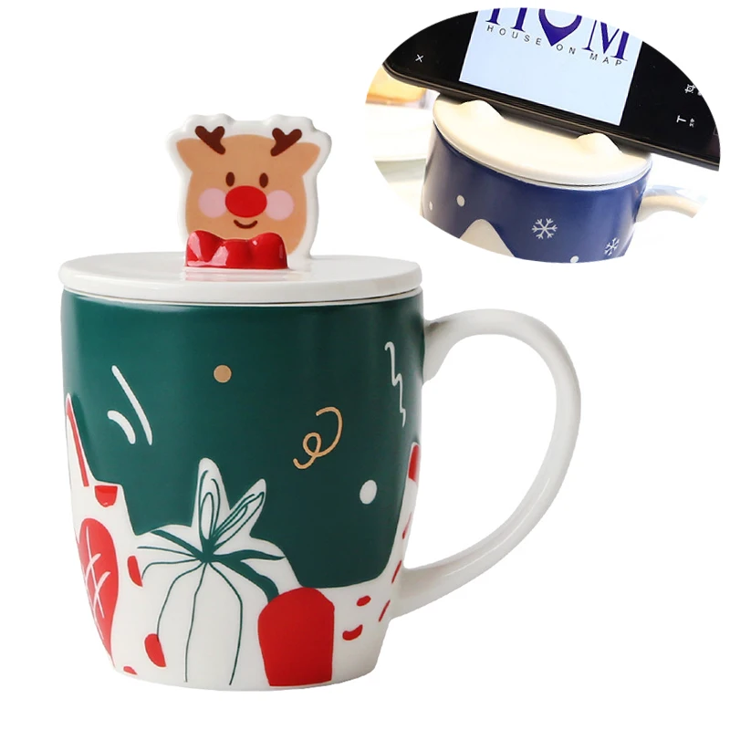 

Creative Christmas Ceramic Mug with Mobile Phone Holder Lid Handle Tea Cup Drinkware Gift for Friend Christmas Gifts Couple Mugs