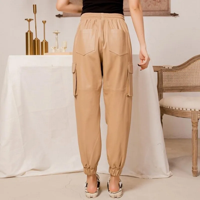 

Genuine Brand New Leather Elastic Waist Womens Sheepskin Casual Pants Streetwear Pockets Cargo Ankle Length Female Harem Pants