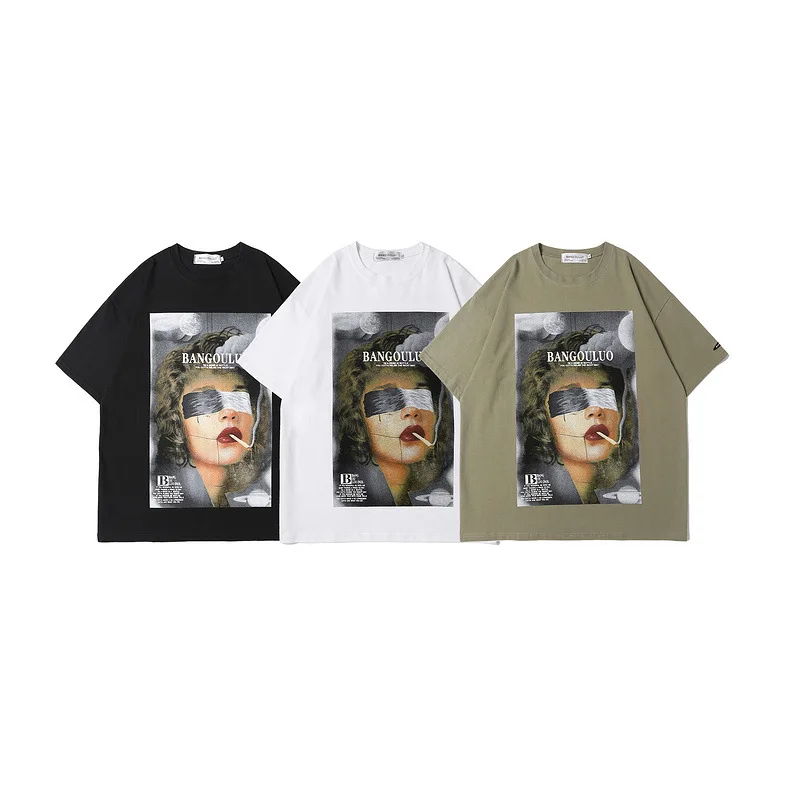 

2021 Spring/Summer Hip Hop Oil Painting Beauty Portrait T-shirts Men's Short Sleeve Tops Fashion Loose Couple Tees 100% Cotton