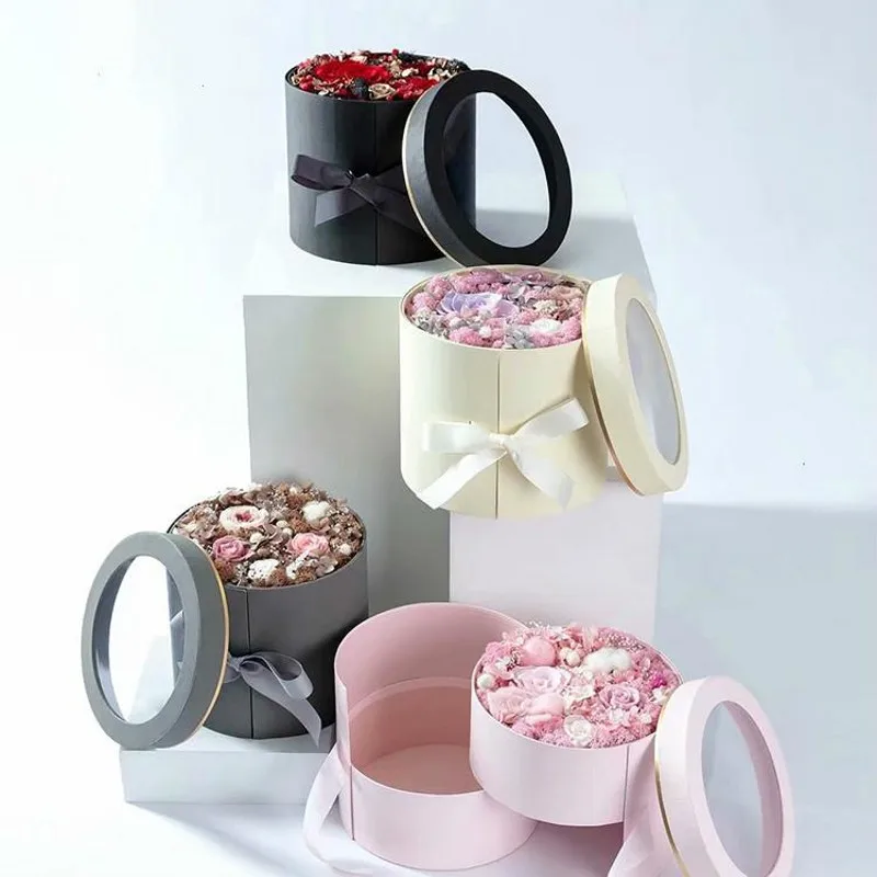 

Double Layer Round Flower Paper Boxes with Ribbon Creative Rose Bouquet Gift Wrap Packaging Cardboard Box Valentine's Day