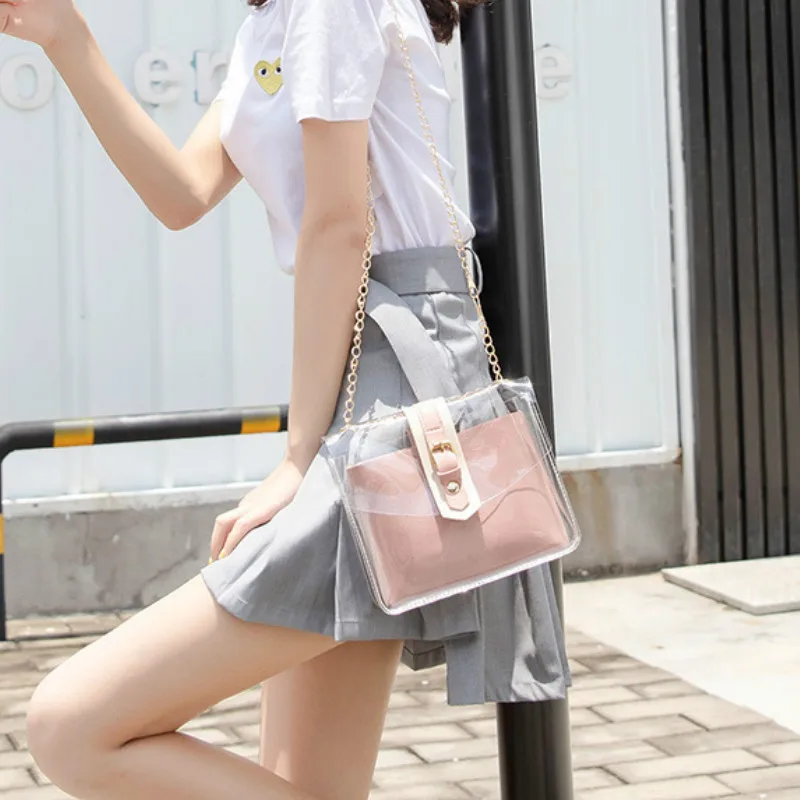 

Прозрачная Желейная сумка на плечо для женщин, осень 2020, новая модная сумка-мессенджер на цепочке, маленькая квадратная сумка из искусствен...