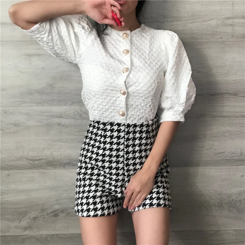

High Waist Houndstooth Shorts Women Korean Fashion Loose Shortss Woman Casual Woolen Straight Wide Leg Pants Ladies Summer 2021