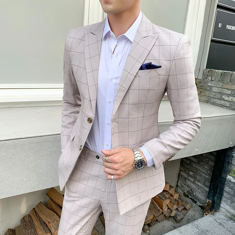 Мужской Клетчатый костюм облегающие брюки в британском стиле повседневный