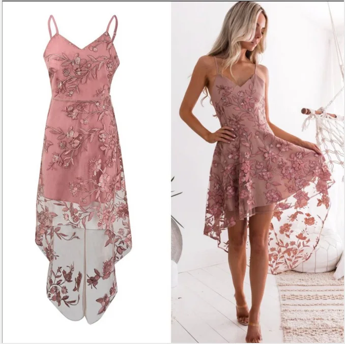 

WEPBEL V-neck High Waist Dress Summer Fashion Lace Stitching Bandage Women's Sexy Spaghetti Strap Irregular Dress