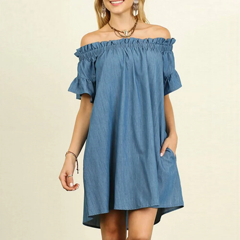 

Plus Size Womens Off The Shoulder Dress Bardot Denim Look Shirt Dress Tops Pocket Ruffles Dress2021