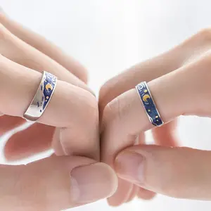 S925 Van Gogh Starry Sky Open Lover Rings Band Romantic Couple Jewelry Ring