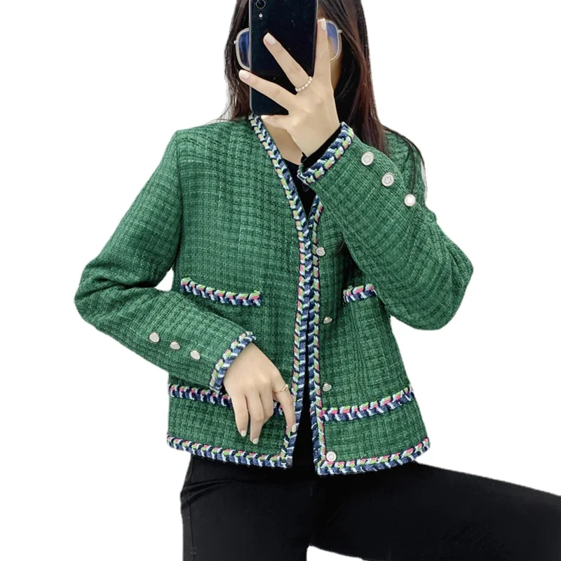 

Модная зеленая тканая куртка, Женская Осенняя Новинка 2021, темпераментная куртка в Корейском стиле с V-образным вырезом, пальто