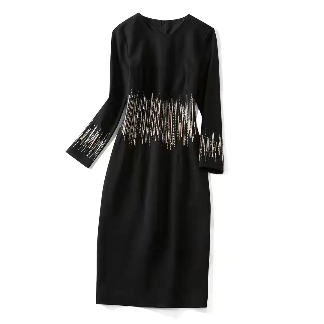 European and American women's wear new autumn 2022 Long sleeve beaded embroidery fashion Black slim dress