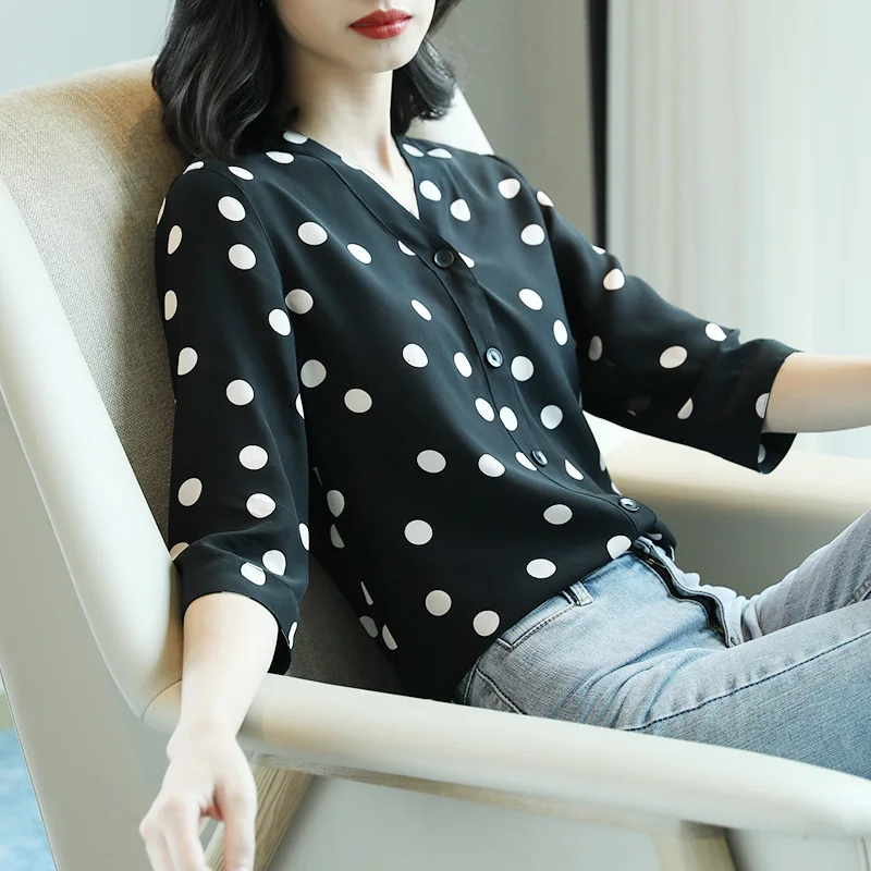 black polka dot floral silk office blouse womens shirts and blouses 2020 summer elegant sexy boho long sleeve plus size v neck