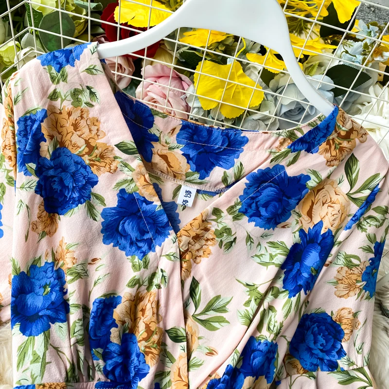 Женское шифоновое платье с широким рукавом летнее цветочным принтом и оборками