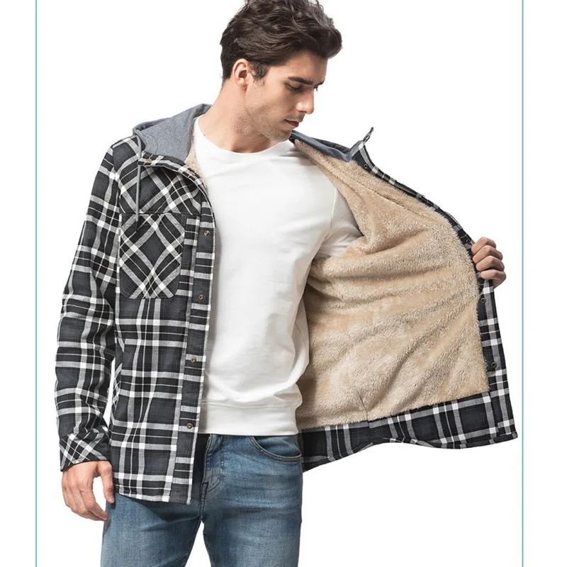 Мужская Фланелевая рубашка для кемпинга теплая зимняя с капюшоном флисовая